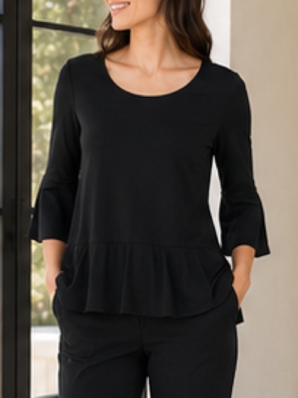 Sympli Go To bell sleeve top black 3/4 round neck Size 8